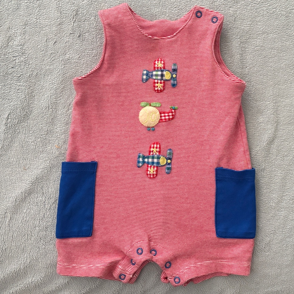 Red and Blue Baby Romper with Airplane Design